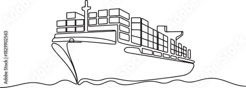 Cargo Ship with Containers. Continuous One Line Drawing Illustrating International Transport and Global Trade Concepts. one line Icon drawing