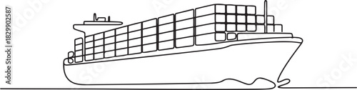 Cargo Ship with Containers. Continuous One Line Drawing Illustrating International Transport and Global Trade Concepts. one line Icon drawing