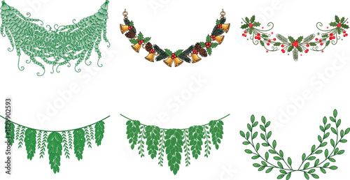 Set of six different christmas garlands isolated on transparent background, perfect for adding festive cheer to your designs