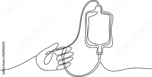 Blood donation in continuous line drawing. One single outline transfusion bag with hand. one line Icon drawing