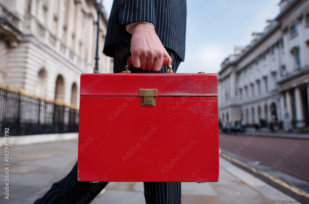 Obraz premium Red UK Budget Briefcase Held by Businessperson