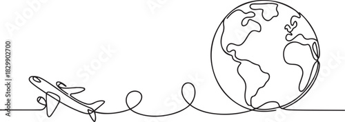 Continuous one line drawing of an airplane flying around the earth. Represents worldwide travel in a simple hand-drawn style. one line Icon drawing