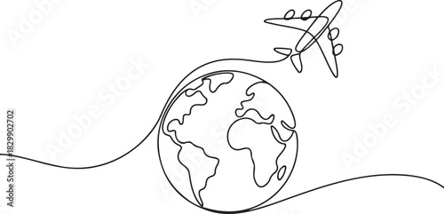 Continuous one line drawing of an airplane flying around the earth. Represents worldwide travel in a simple hand-drawn style. one line Icon drawing