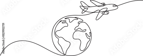 Continuous one line drawing of an airplane flying around the earth. Represents worldwide travel in a simple hand-drawn style. one line Icon drawing