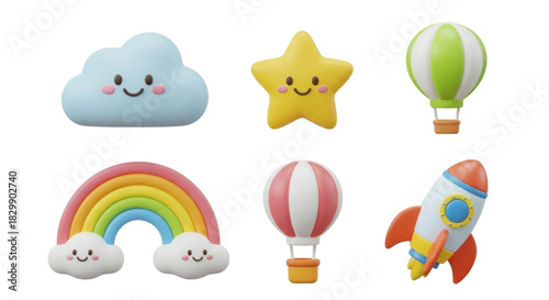 Collection of whimsical 3D cartoon icons including a cloud, star, rainbow, hot air balloon, and rocket