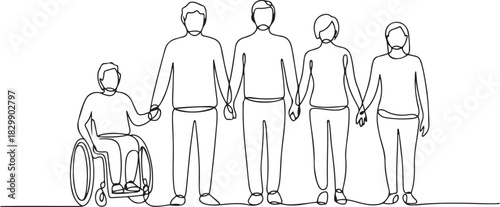 Group of people hold hands. Friends together with disabled. One continuous line drawing vector illustration. one line Icon drawing