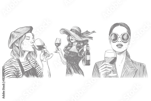 holding wine glass an young woman isolated hand drawn sketch illustration. woman pours wine into decanter holds glass savors the aroma elements for wine culture design. Eps 10