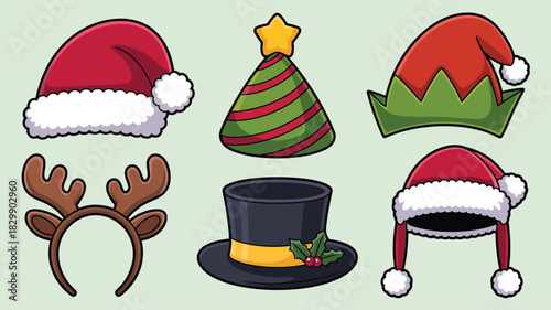  “Collection of festive holiday hats including Santa caps, elf hat, Christmas tree hat, reindeer headband and winter top hat, colorful cartoon illustration for seasonal decoration and celebration desi