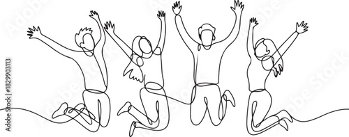 continuous line drawing of a group of friends jumping with joy vector illustration. one line Icon drawing