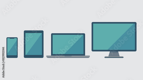 Devices display showing a smartphone, tablet, laptop, and monitor with a light background design
