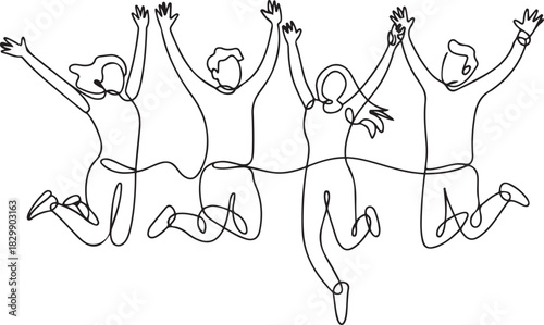 continuous line drawing of a group of friends jumping with joy vector illustration. one line Icon drawing