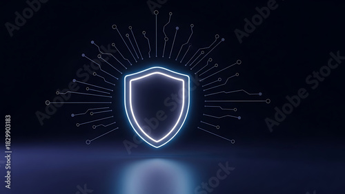 Glowing neon shield symbol representing cybersecurity and digital protection