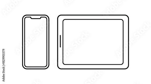 A simplistic line drawing of a smartphone and a tablet side by side on a white background plain style