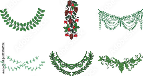 Set of decorative green garlands, wreaths, and hanging plants isolated on transparent background for holiday design