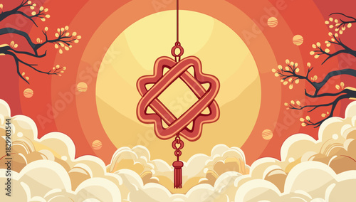 Red lucky knot lantern floating among stylized clouds and glowing sun in lunar new year scene