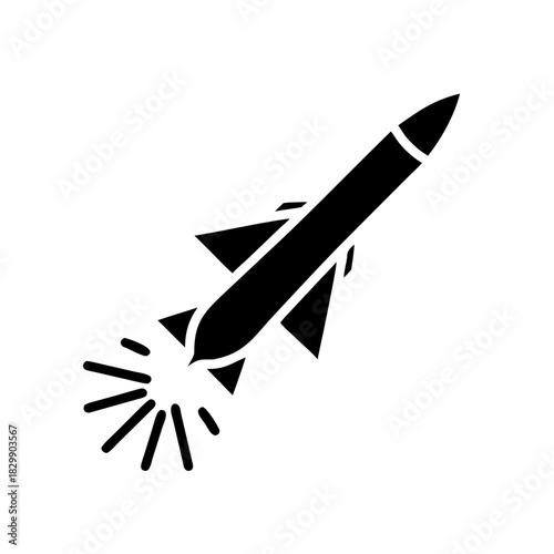 Black silhouette of a rocket launching upwards fast on transparent background