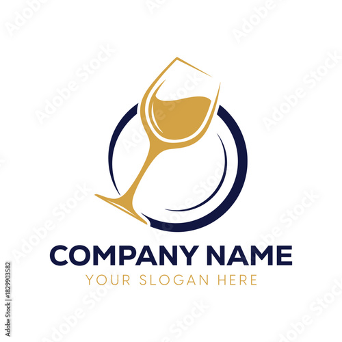 A sophisticated and modern wine glass logo design featuring golden liquid in a glass