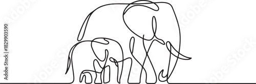 continuous line drawing of elephants wildlife vector illustration. one line Icon drawing