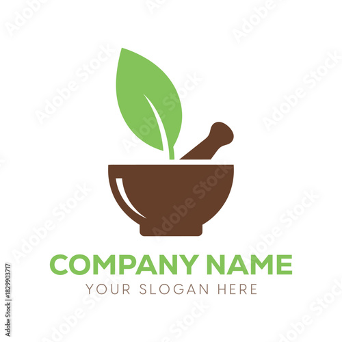 Herbal medicine logo concept with brown mortar and pestle graphic and a bright green leaf emerging from the bowl