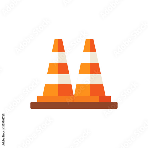 Two orange and white striped traffic safety cones on transparent background