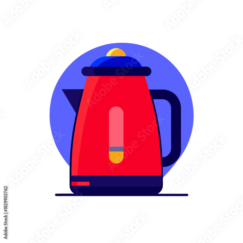 Red electric kettle with blue accents and background on transparent background