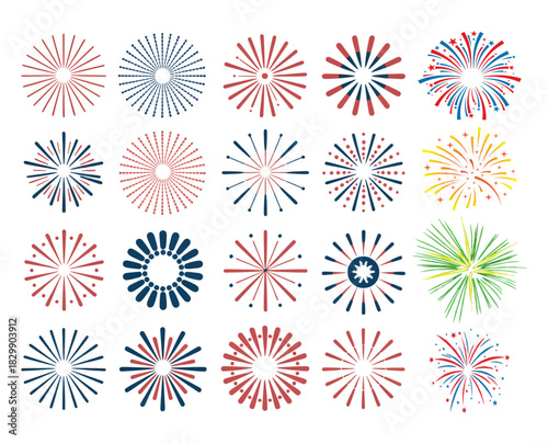 fireworks bursts icons in multiple symmetrical styles on white, suitable for holiday and festive designs, including 4th of july, new year, celebration banners, party invitations, event posters, and ve