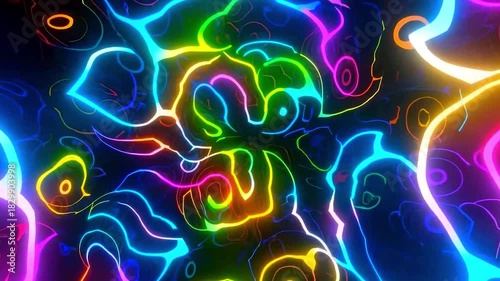 Vibrant neon liquid waves forming dynamic abstract motion art. Colorful glowing fluid lines creating energetic futuristic visuals. Hypnotic neon swirl animation with flowing multicolor patterns