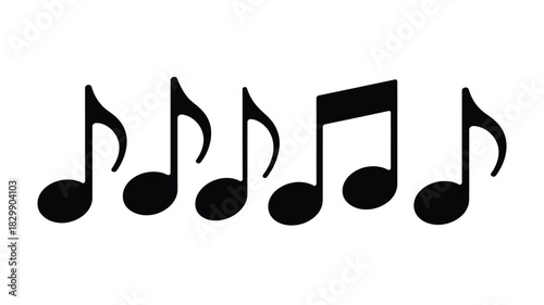 A row of six black music notes arranged horizontally on a white background in a musical composition