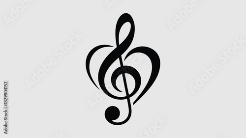 A black and white graphic of a stylized treble clef forming a heart shape on a light gray background