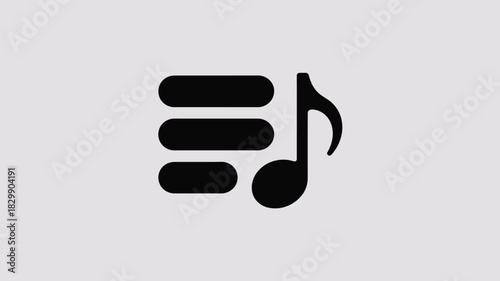 A simple black icon showing a playlist symbol next to a music note on a light gray background space