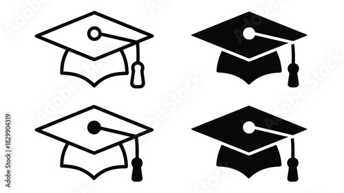 Four graduation cap icons in black and white showing academic achievement and educational success symbols