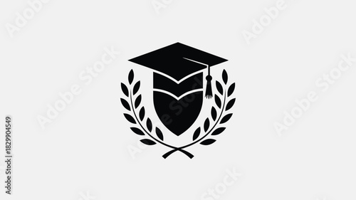 A black graduation cap on top of a shield surrounded by a laurel wreath on a white background plain image