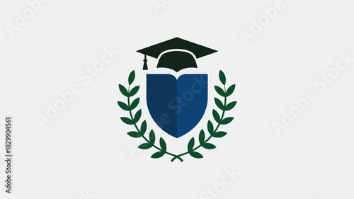A graduation cap atop an open book shield surrounded by laurel branches on a white background image