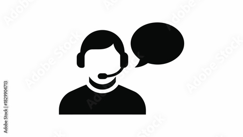 A black and white illustration of a person wearing a headset with a speech bubble next to them icon