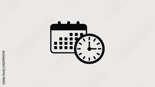 A simple black and white icon of a calendar with days marked and a clock with hands showing the time