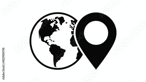A black and white graphic of a world globe next to a location pin icon on a white background