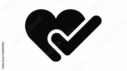 A black heart with a check mark overlapping it on a white background in a simple graphic design