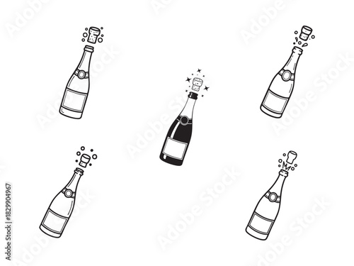 Champagne bottles popping line art and solid black illustration Vector