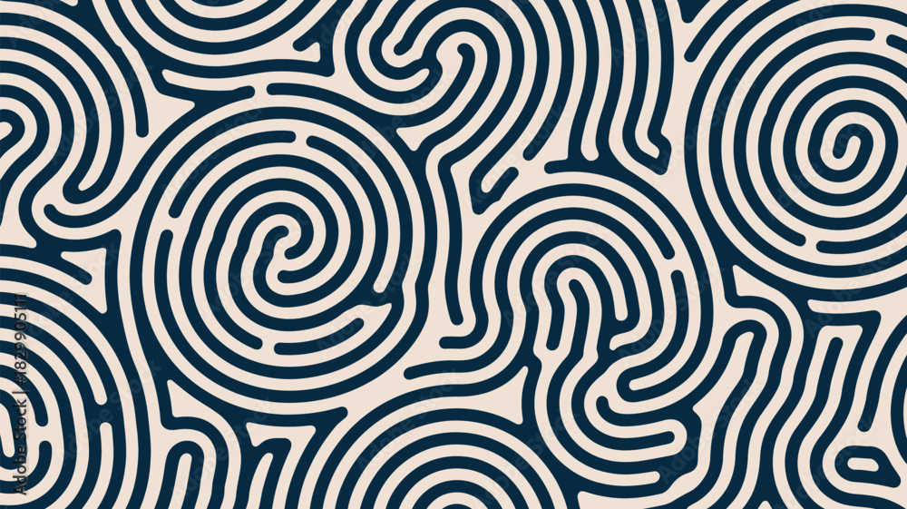 Naklejka premium A repeating pattern of dark blue concentric circles and curved lines on a light beige background design