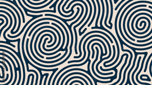 A repeating pattern of dark blue concentric circles and curved lines on a light beige background design