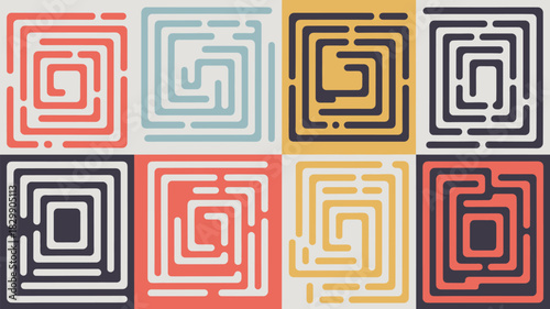 A colorful grid of square maze patterns with various colors and unique maze configurations displayed
