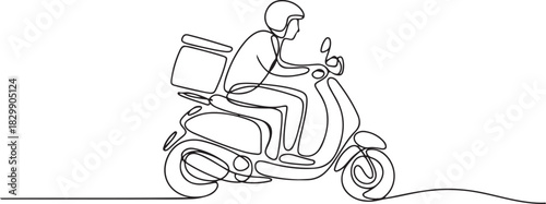 Continuous line art or One Line Drawing of Delivery Man Ride Scooter Motorcycle Cartoon Vector illustration. one line Icon drawing