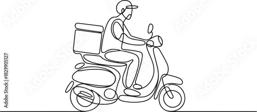 Continuous line art or One Line Drawing of Delivery Man Ride Scooter Motorcycle Cartoon Vector illustration. one line Icon drawing