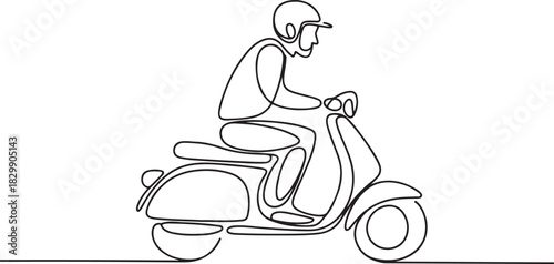 Continuous line art or One Line Drawing of Delivery Man Ride Scooter Motorcycle Cartoon Vector illustration. one line Icon drawing