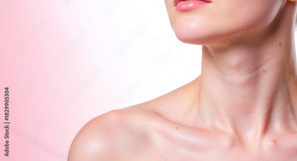 Naklejka premium Close-up of a woman's neck and shoulder with moles. Skincare and dermatology concept for skin health and beauty treatments on a pink background with copy space