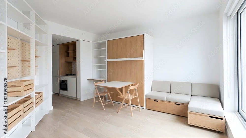 Fototapeta premium Minimalist small apartment interior with compact kitchen and dining table suitable for studio