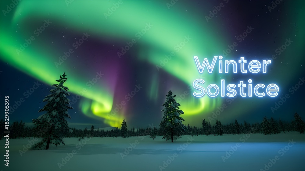 Obraz premium Winter solstice aurora borealis display over snowy landscape and evergreen trees