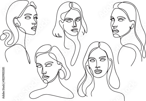 Surreal Faces Continuous line, drawing of set faces and hairstyle, fashion concept, woman beauty minimalist, vector illustration pretty sexy. one line Icon drawing
