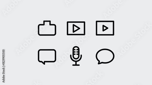 A collection of six black outline icons including camera, video plays, microphone and speech bubbles