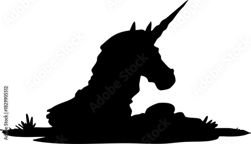 a dark silhouette of a mythical unicorn standing in tall grass, digital art, highly detailed, cinematic lighting, dramatic, 4K
